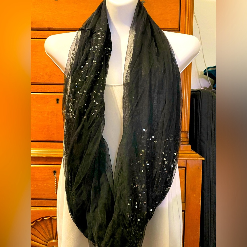 Badgley Mischka Chiffon Silver Sequin Circle Scarf